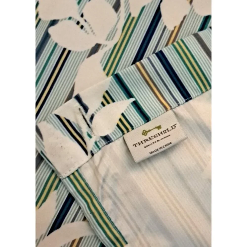 Threshold Fabric Shower Curtain Stripes Leaves Blue Green Yellow Cottage